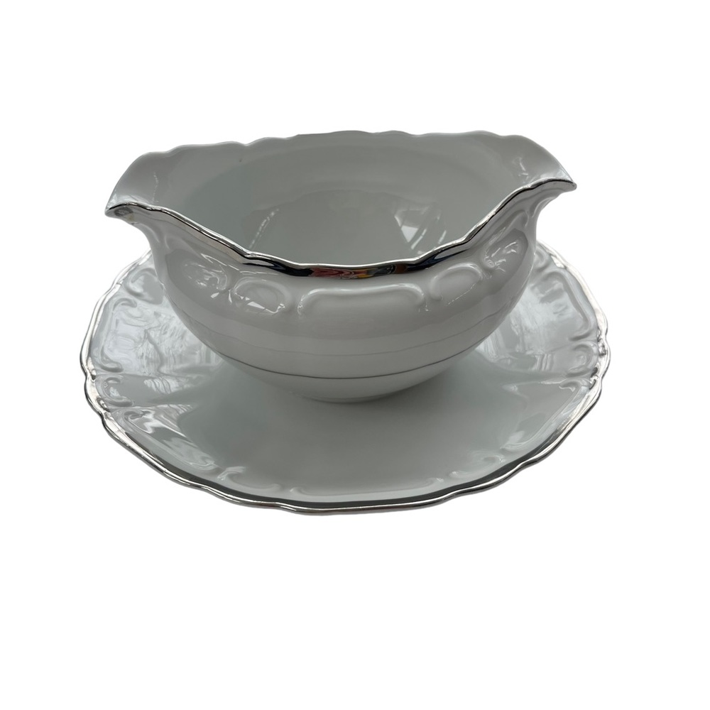 Vintage Silver Sonata By HARMONY HOUSE FINE CHINA Gravy Boat Attached Underplate